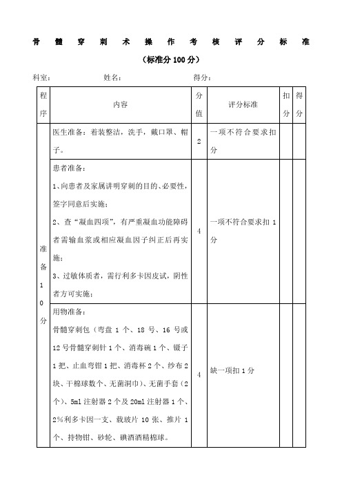 骨髓穿刺术操作考核评分标准