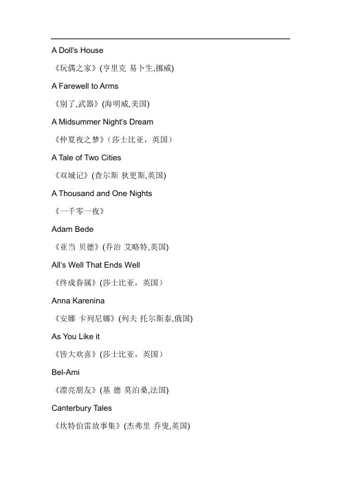 世界名著的英文名称 文档