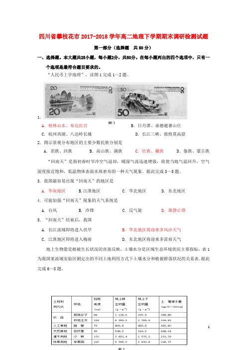 四川省攀枝花市高二地理下学期期末调研检测试题