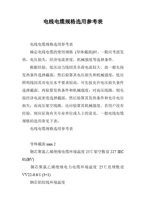 电线电缆规格选用参考表