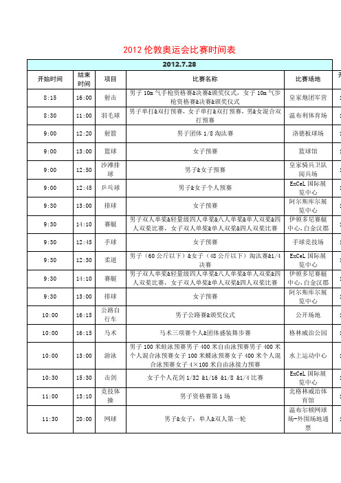 最新2012伦敦奥运会比赛时间表