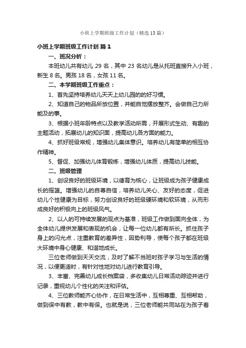 小班上学期班级工作计划（精选13篇）