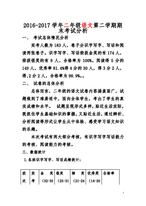 2016-2017二年级上学期语文期末卷面分析