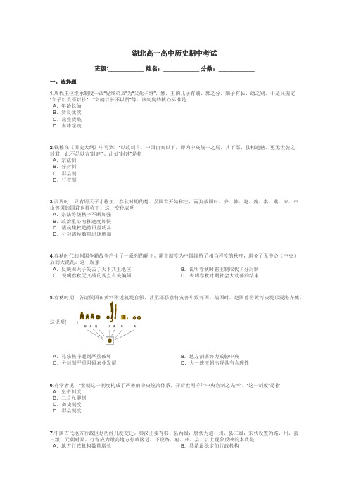 湖北高一高中历史期中考试带答案解析
