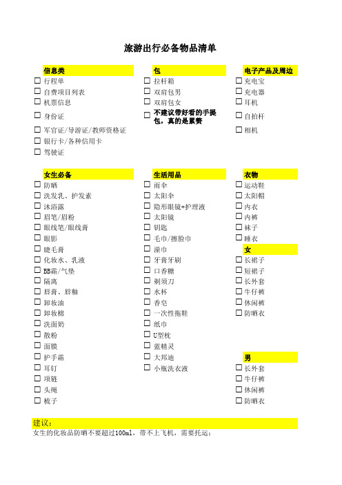 旅游出行必备物品、出行备品清单