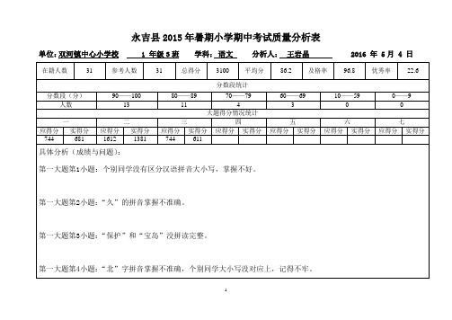 一年语文2016--2017学年度第二学期小学期中考试质量分析表