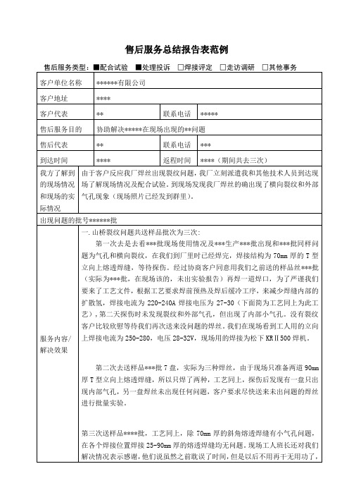 售后服务总结报告表范例