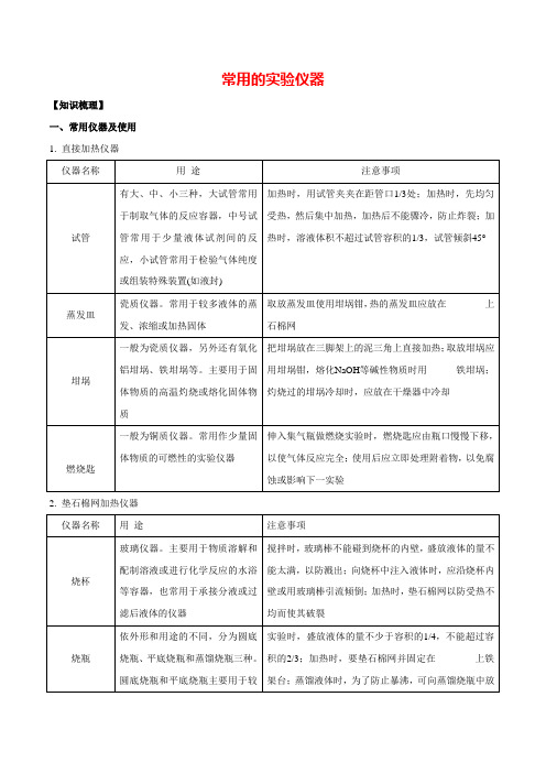 高考化学常用实验仪器分类大全与最新配套练习附答案