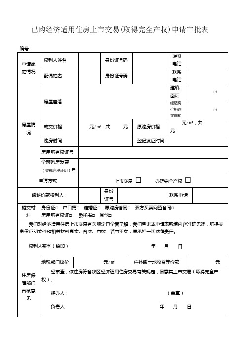 已购经济适用住房上市交易(取得完全产权)申请审批表