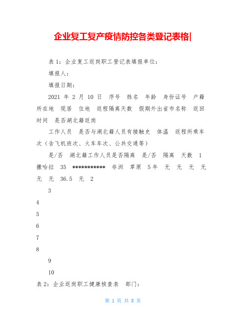 企业复工复产疫情防控各类登记表格-