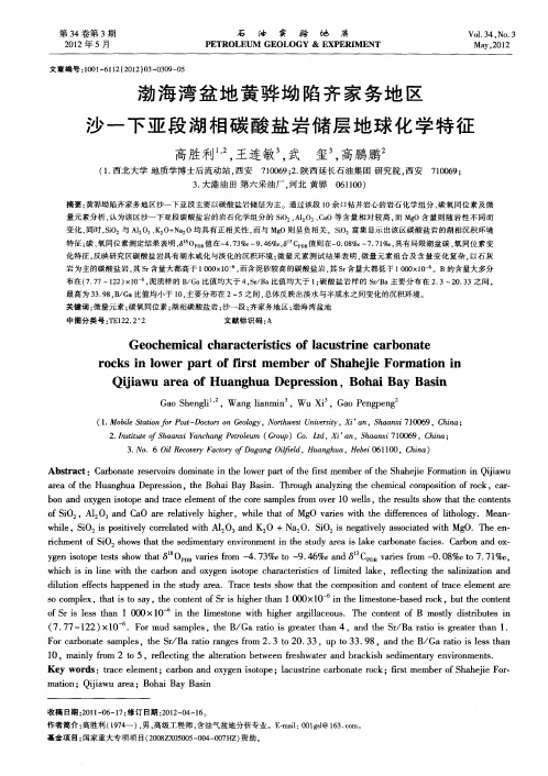 渤海湾盆地黄骅坳陷齐家务地区沙一下亚段湖相碳酸盐岩储层地球化学特征