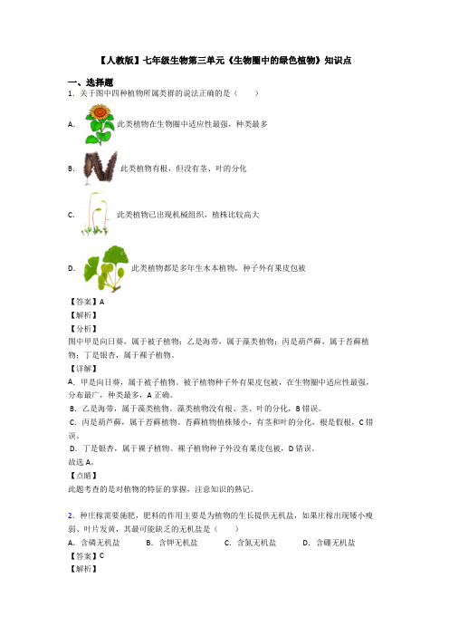 【人教版】七年级生物第三单元《生物圈中的绿色植物》知识点