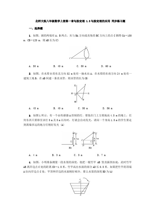 北师大版八年级数学上册第一章勾股定理 1.3勾股定理的应用 同步练习题( 教师版)