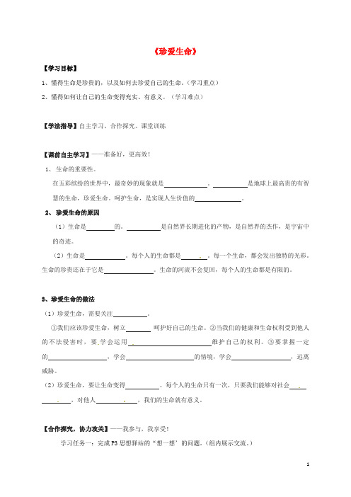 广东省八年级政治下册 第一单元 塑造健康人格 第一课 珍爱生命 第1站 珍爱生命导学案(无答案) 北师大版