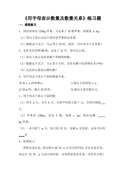 用字母表示数量和数量关系练习题