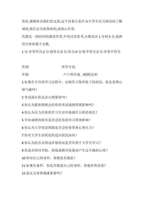 大学生压力量表2007