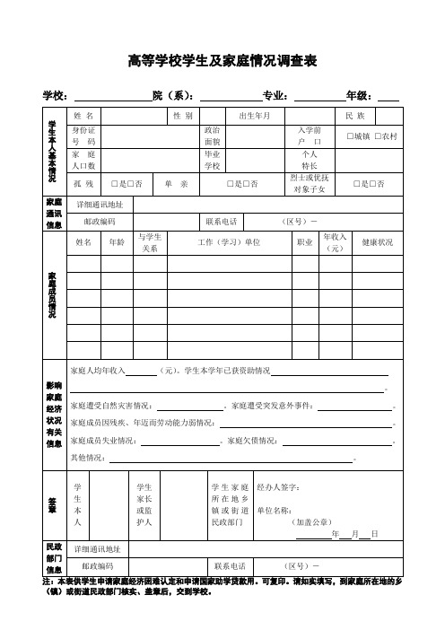 高等学校家庭经济困难学生调查表