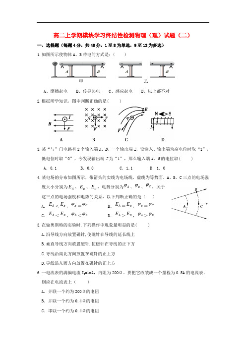 甘肃省武威市第六中学2013-2014学年高二物理上学期模块学习终结性检测试题 理 新人教版