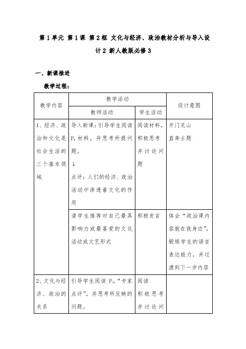 [精品]新人教版必修三高中政治第1单元第1课第2框文化与经济、政治教材分析与导入设计2