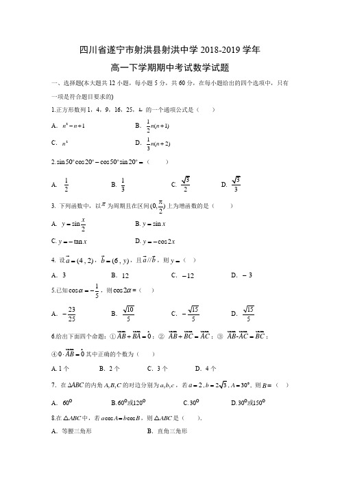四川省遂宁市射洪县射洪中学2018-2019学年高一下学期期中考试数学试题含答案