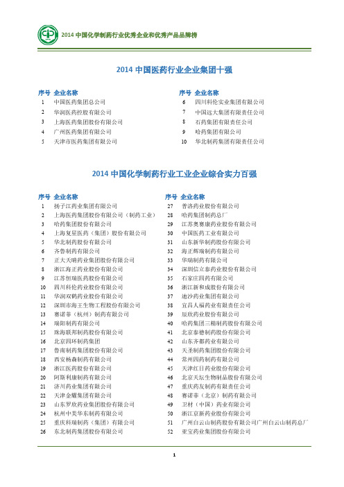 2014中国医药行业企业集团十强