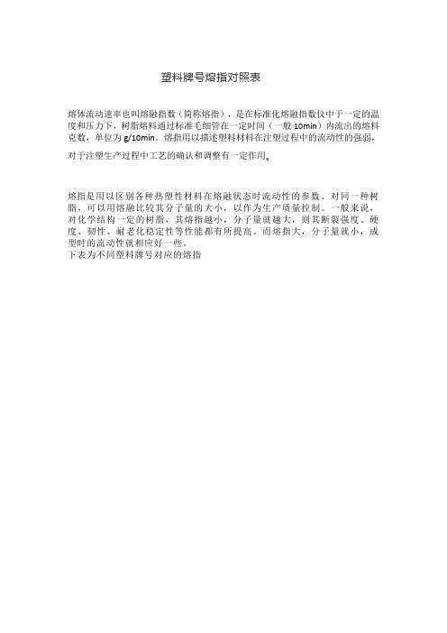 塑料牌号熔指对照表