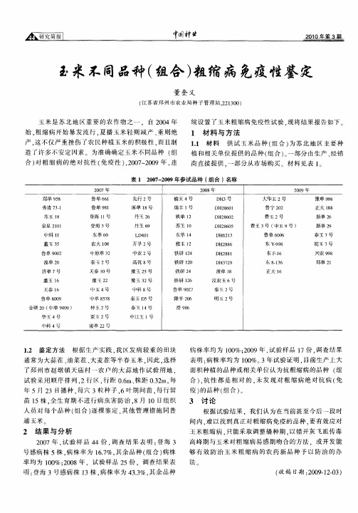 玉米不同品种(组合)粗缩病免疫性鉴定