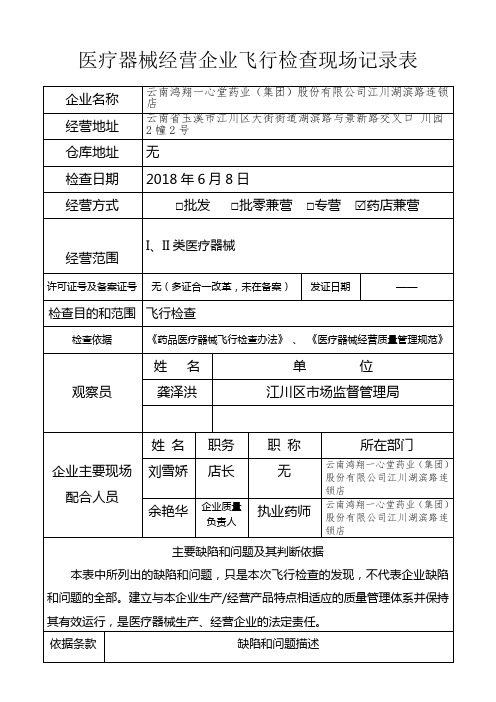 医疗器械经营企业飞行检查现场记录表