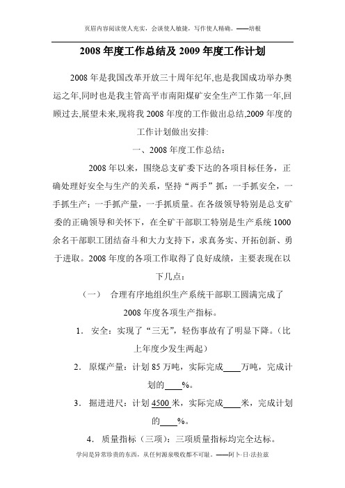 2008年度工作总结及2009年度工作计划
