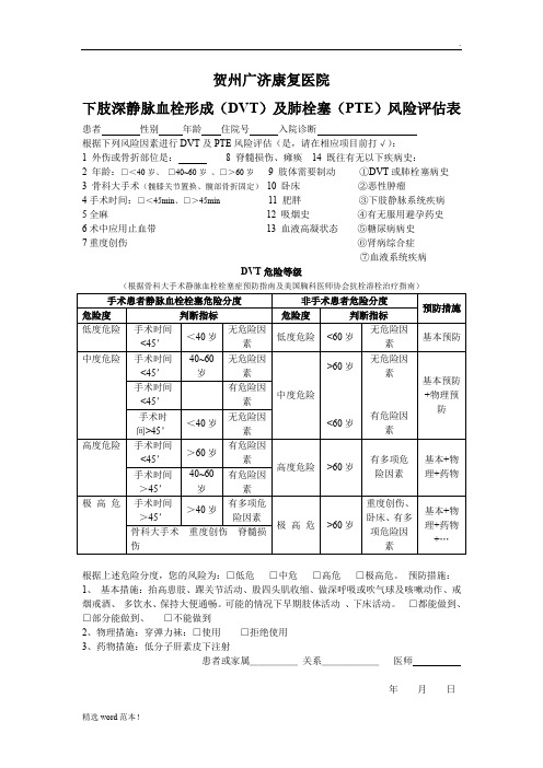 下肢深静脉血栓形成风险评估表