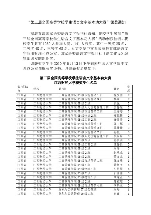 “第三届全国高等学校学生语言文字基本功大赛”领奖通知