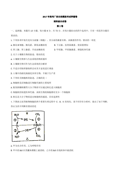 2017届广西名校高三高考模拟考试押题卷理科综合试题(Word)