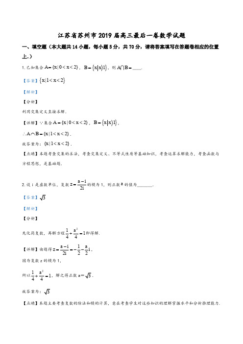 【精品试题】【市级联考】江苏省苏州市2019届高三高考模拟最后一卷数学试题(解析版)