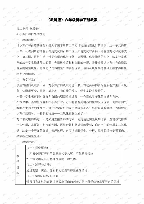 教科小学科学六下《2.4、小苏打和白醋的变化》word教案(1)
