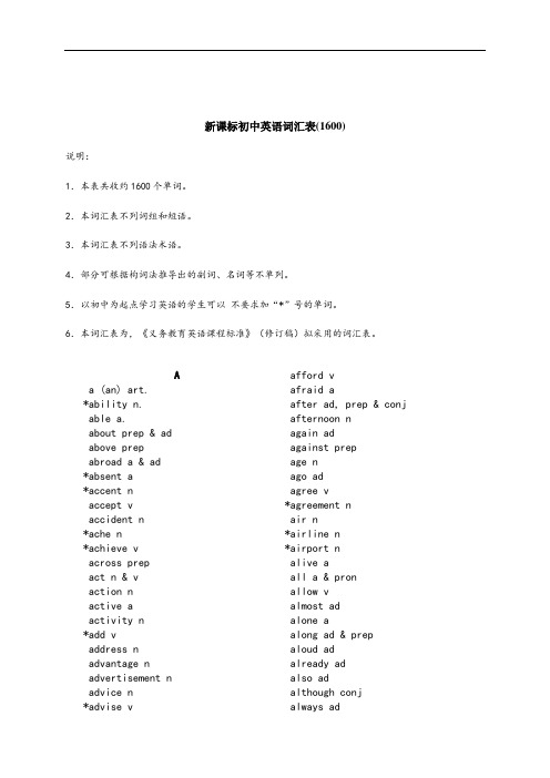 新课标初中英语词汇表(1600)