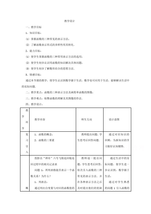 高中数学必修一教案函数的表示方法