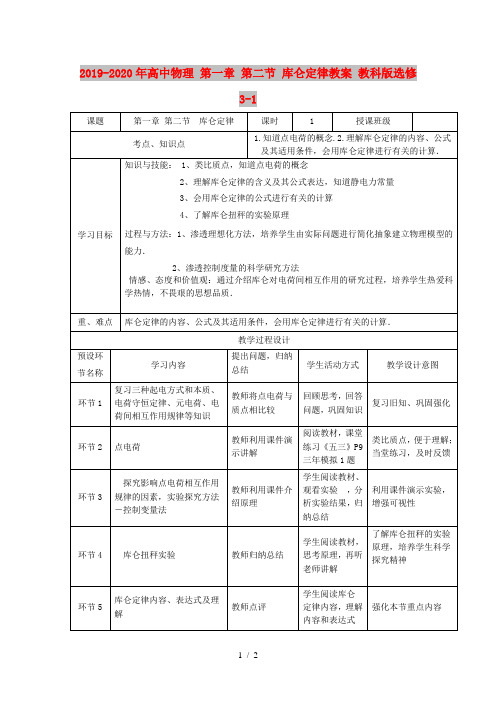 2019-2020年高中物理 第一章 第二节 库仑定律教案 教科版选修3-1