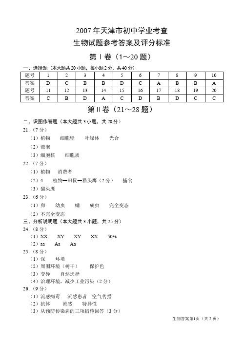 2007年天津初中生物会考试卷答案