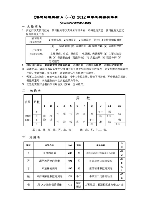 《普通物理实验A(一)》2012级学生实验安排表【模板】
