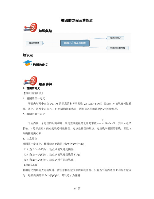 2020年高二上学期数学人教旧版选修2-1(全)：椭圆的方程及其性质-《讲义教师版》