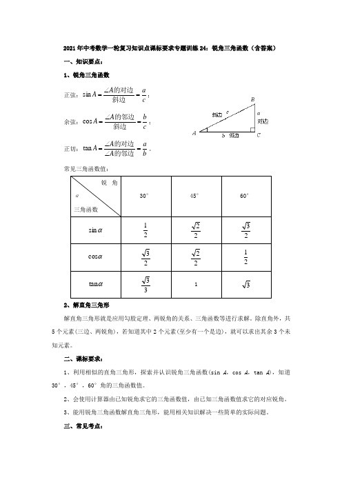 专题训练24：锐角三角函数-2021年中考数学一轮复习知识点课标要求