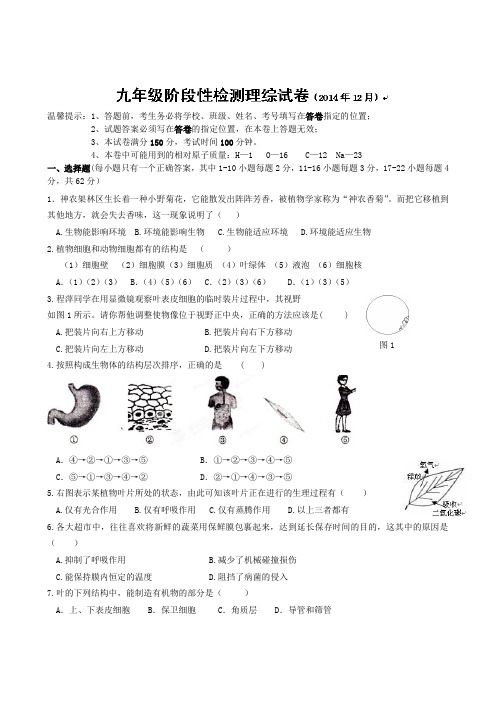 湖北省孝感市孝南区三校2015届九年级12月月考理科综合试题