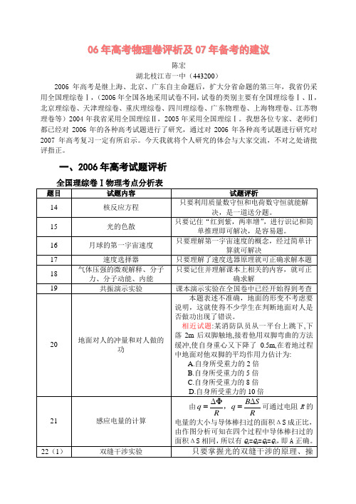 高考物理卷评析及07年备考的建议