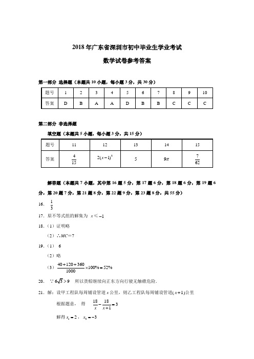 2018年广东省深圳市初中毕业生学业考试数学试题答案 