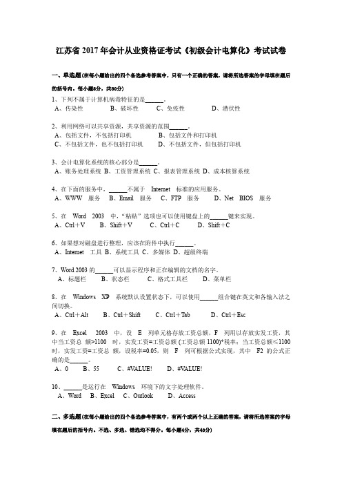 江苏省2017年会计从业资格证考试《初级会计电算化》考试试卷