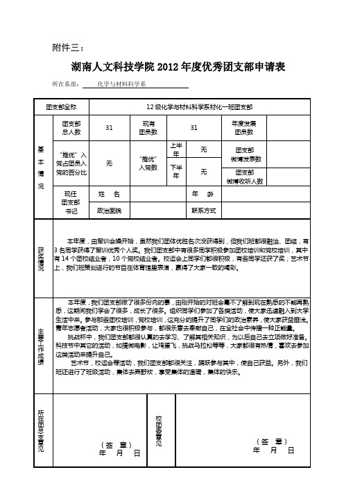 优秀团支部申请表范文