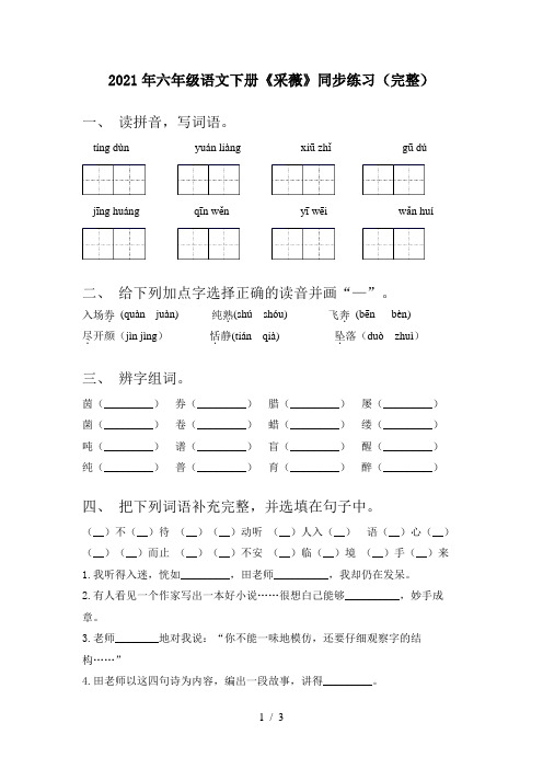 2021年六年级语文下册《采薇》同步练习(完整)