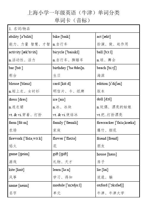 上海小学一年级英语(牛津)单词分类单词卡(音标)