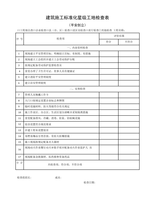 建筑施工标准化星级工地检查表(平安创建)