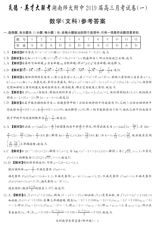 湖南师大附中2019届高三上学期第一次月考数学(文)答案(PDF版)